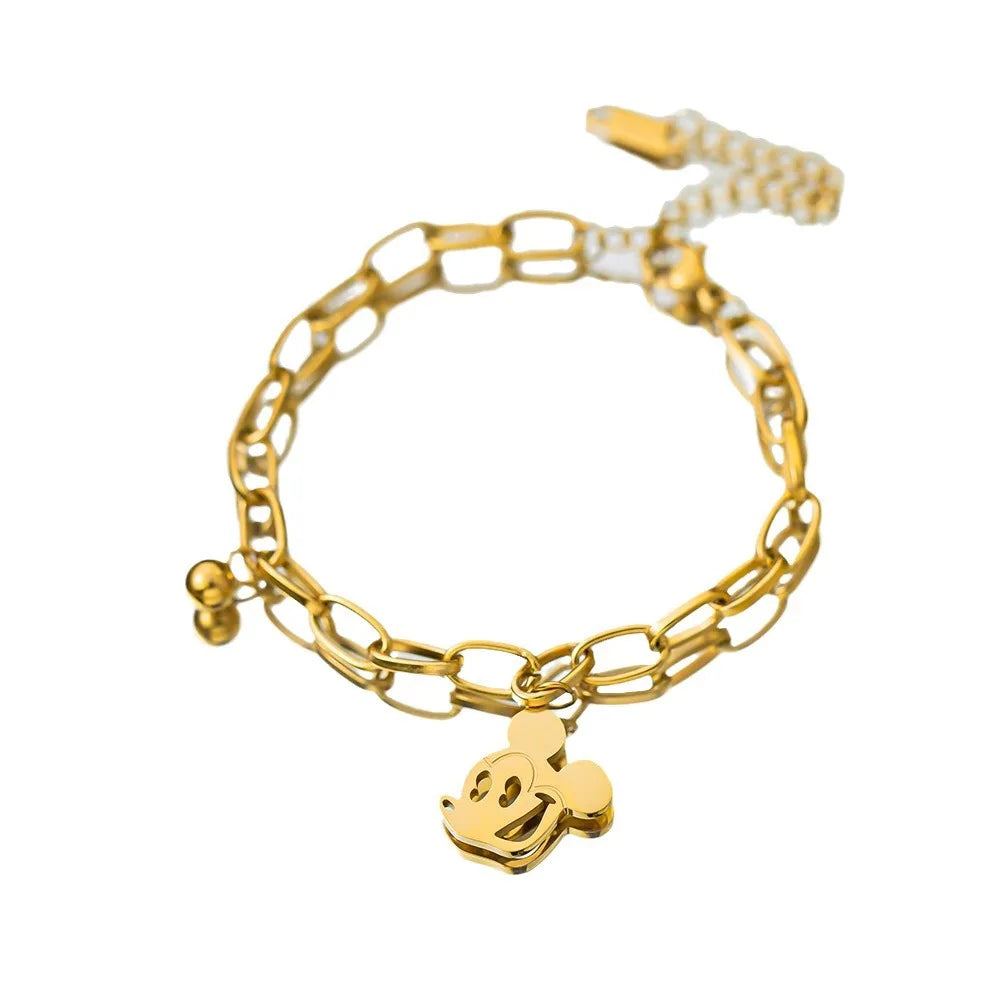 Pulseras con dijes de Mickey de acero inoxidable de Color dorado para mujeres y niñas, accesorios de mano bonitos de dibujos animados, regalos de joyería para amigos