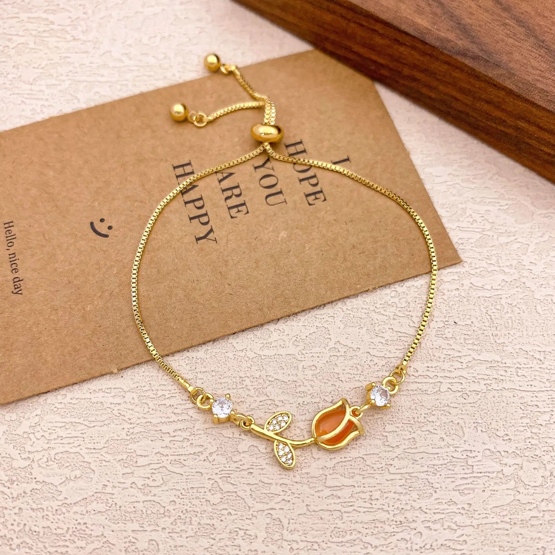 Pulseras con dijes de flor de tulipán y piedra lunar de circón colorido dulce para mujer y niña, joyería de cadena de caja de acero inoxidable ajustable elegante