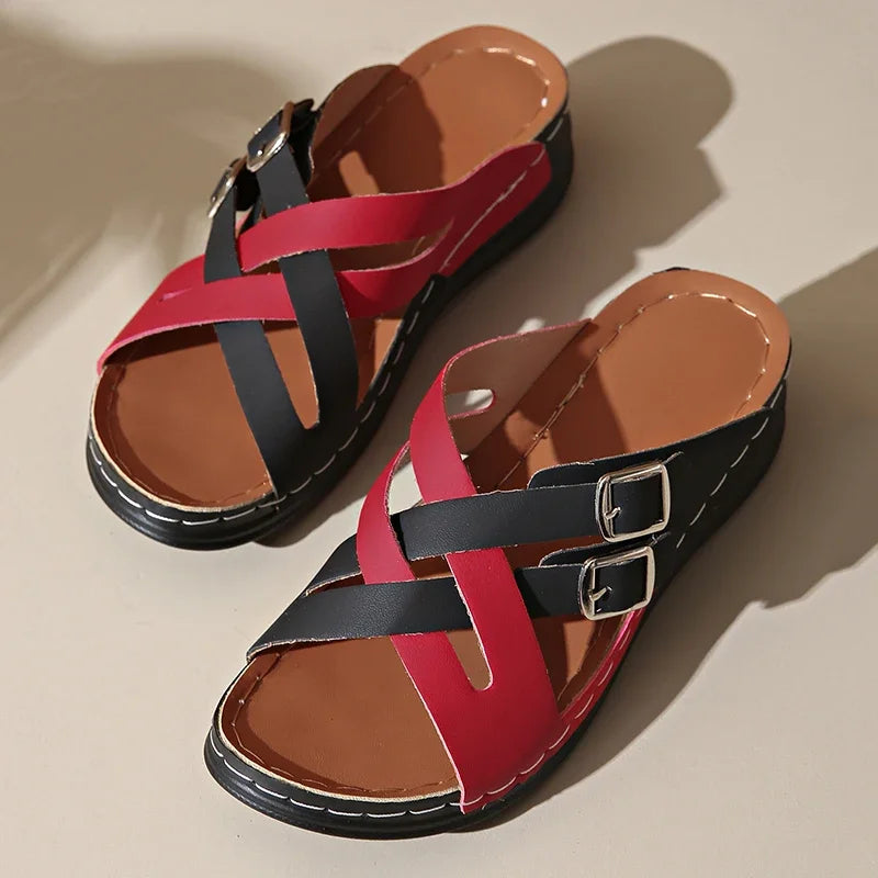 Zapatillas de Cuña con Tiras Cruzadas | Colores Combinados | Suela Suave Antideslizante | Talla 43