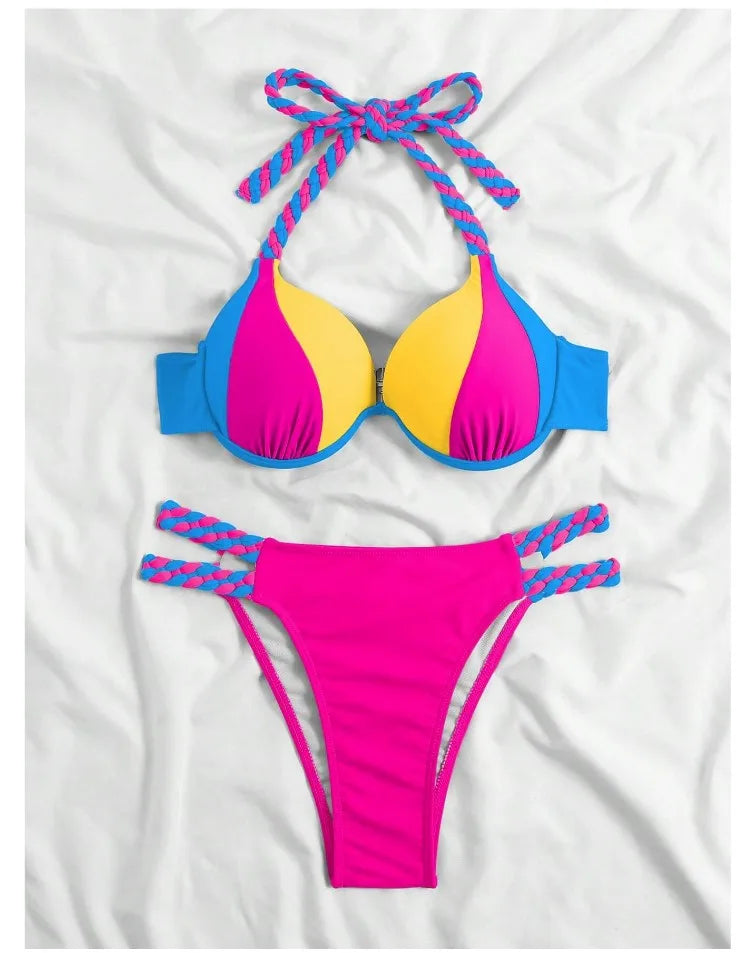 Bikini Push Up Colorblock con Estilo Halter para Playa