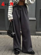 Pantalón Pierna Ancha Lana Terciopelo | Grueso Beige/Gris | Cintura Alta Vintage | Invierno | Ticotrendy