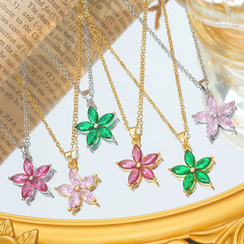 Cadena de acero inoxidable, collares con colgante de flor de circón simples y bonitos para mujeres y niñas, accesorios de joyería de Color dorado y plateado a la moda
