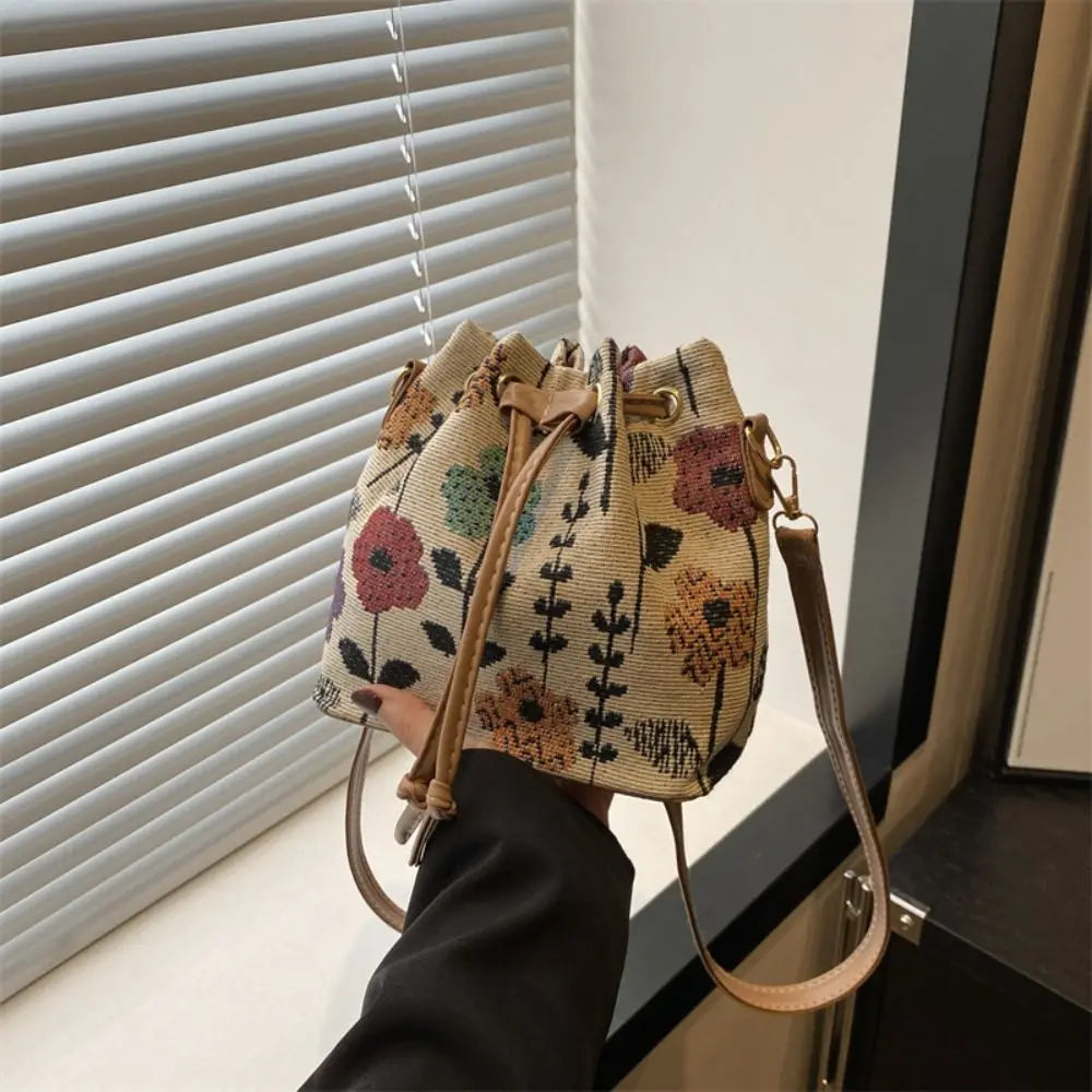 Bolso Tipo Cubo de Lino Floral Étnico para Mujer