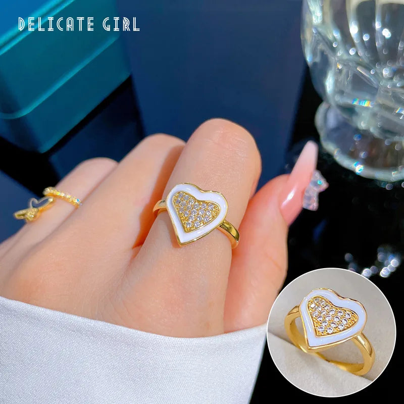 Anillo de corazón de circón de esmalte blanco exagerado chapado en oro de 18 quilates para mujer, anillo de cobre abierto ajustable, regalos de joyería para amigos