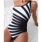 Traje de Baño Enterizo Un Hombro | Rayas Colorblock | Plisado Elegante