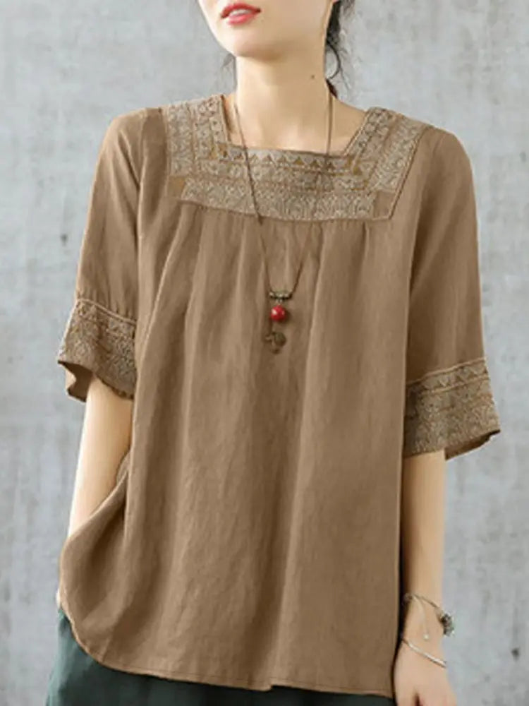Blusa Vintage Bordada Algodón Cuello Cuadrado Manga Media Mujer