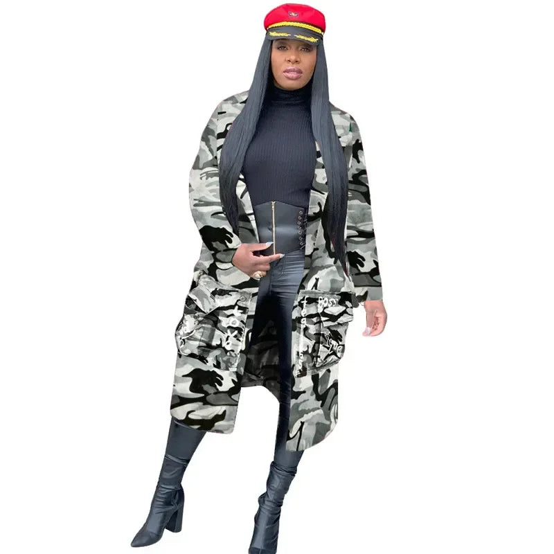 Gabardina de camuflaje para mujer, ropa de talla grande, abrigo con estampado de letras, ropa de calle, Top corto de estilo largo, venta al por mayor, envío directo, 2020