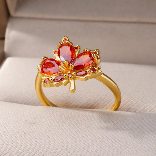 Anillo Ticotrendy Hoja Arce | Circón | Abierto Acero Inox Oro | Joyería Boda