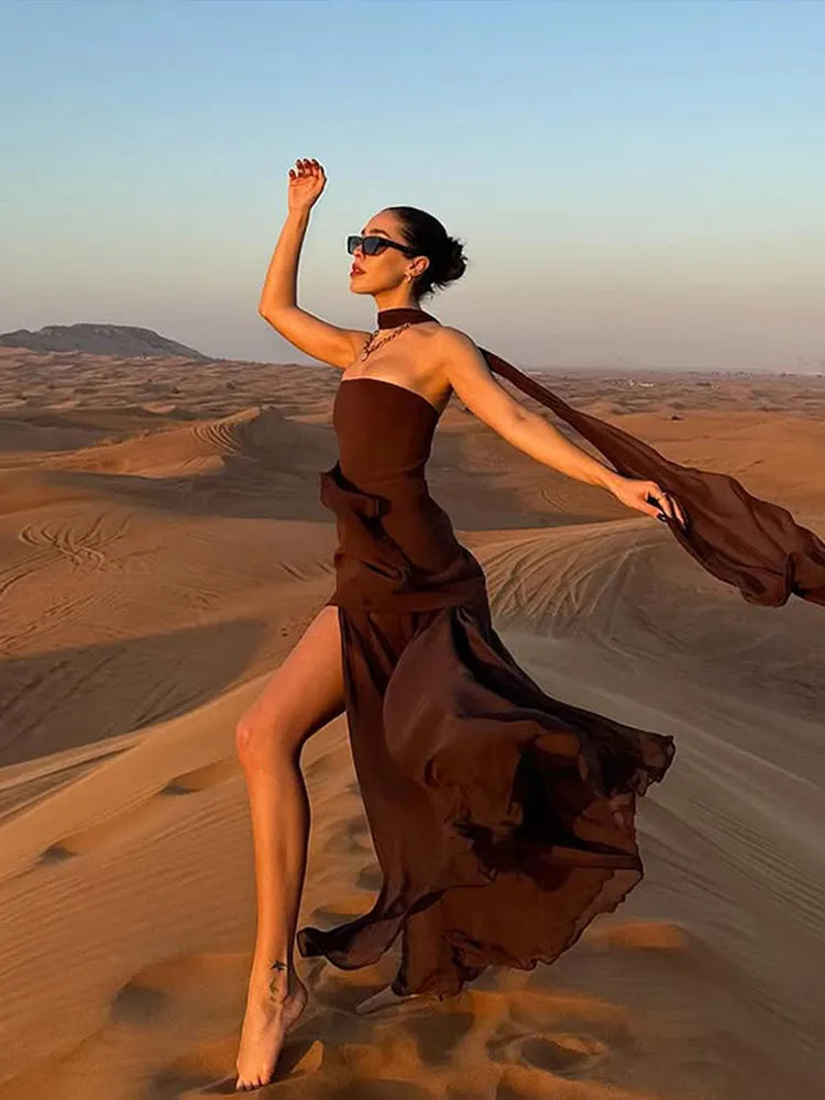 Vestido envuelto en el pecho liso con tirantes para mujer, vestido con bufanda y espalda descubierta de malla transparente con contraste, ropa de fiesta en la playa para verano 2025