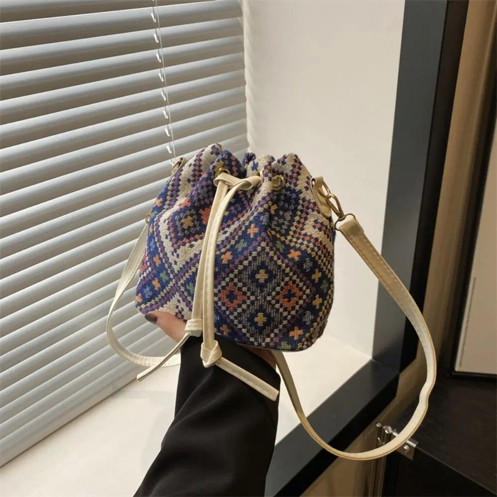 Bolso Tipo Cubo de Lino Floral Étnico para Mujer