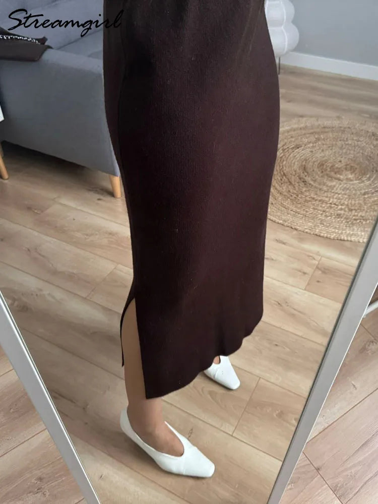 Falda Maxi Recta de Punto con Abertura Estilo Coreano Casual