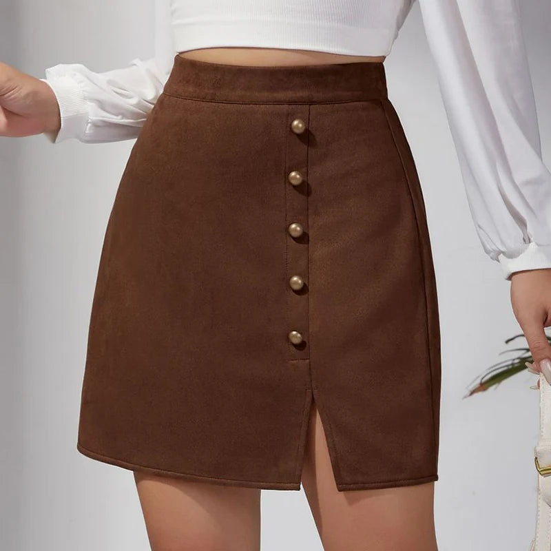 Falda de Gamuza | Botones de Metal | Estilo Retro Americano