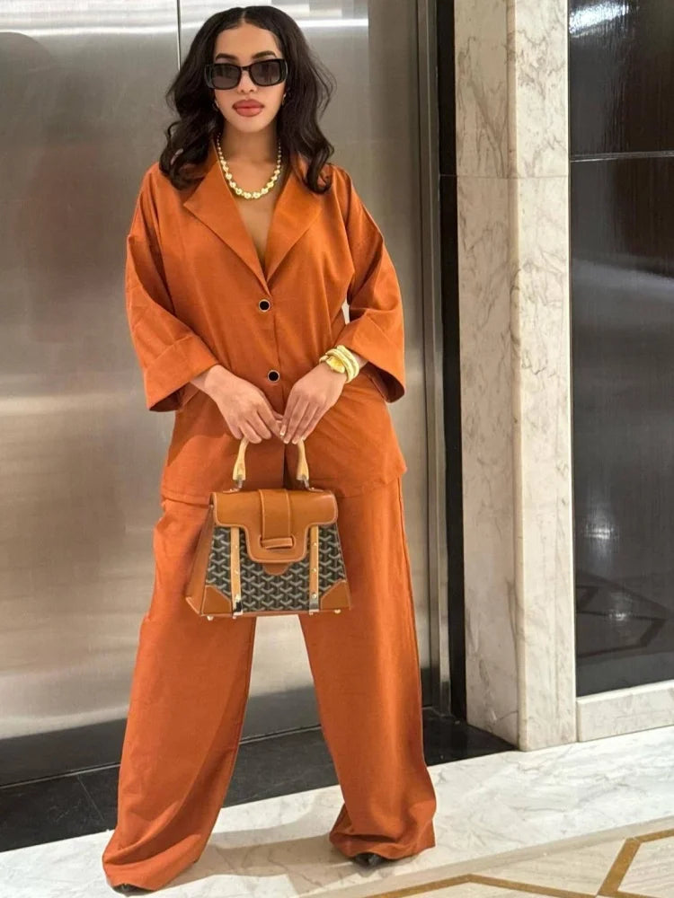 Wmstar-Conjunto de dos piezas para mujer, camisa holgada con solapa de un solo pecho, pantalones de pierna recta de cintura alta, traje informal elegante, venta al por mayor