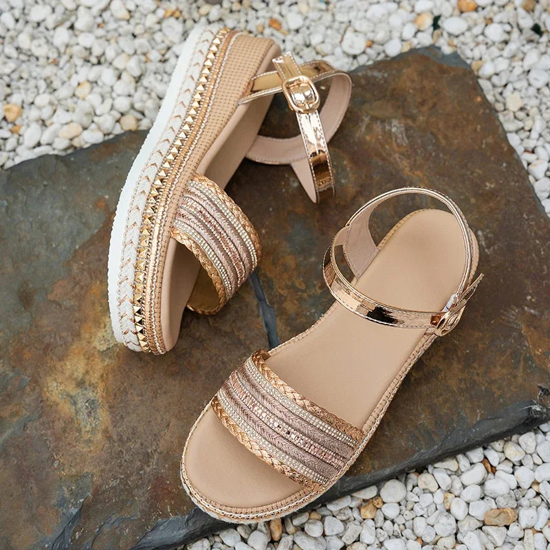 Sandalias de Cuña para Mujer | Plataforma Dorada | Detalles de Cristal
