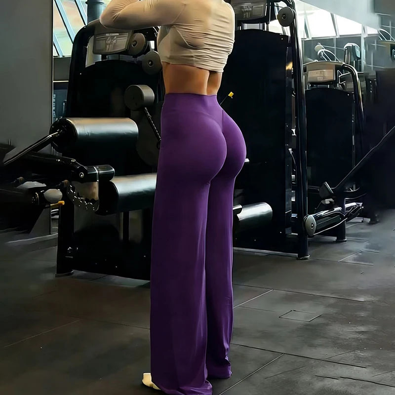 Mallas de pierna ancha para entrenamiento de gimnasio para mujer, pantalones de Yoga sueltos con Control de barriga de cintura alta, pantalones deportivos rectos para levantamiento de cadera gris
