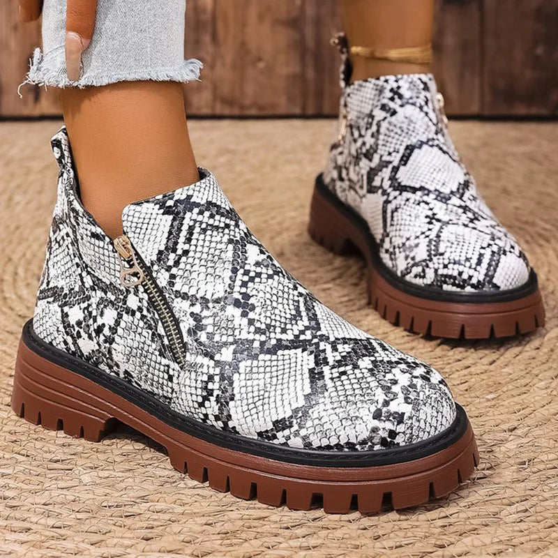 Botines de Plataforma | Estampado de Serpiente | Punta Redonda Elegante