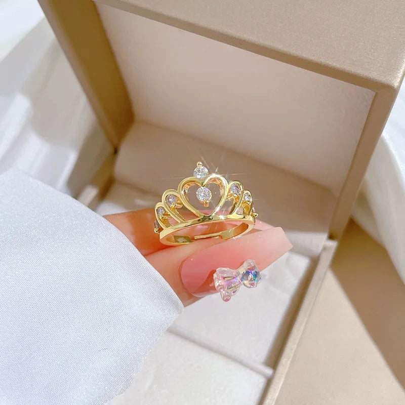 Anillos de corona de circón simples a la moda para mujeres y niñas, anillo de cobre abierto ajustable, regalos de joyería para amigos y amantes
