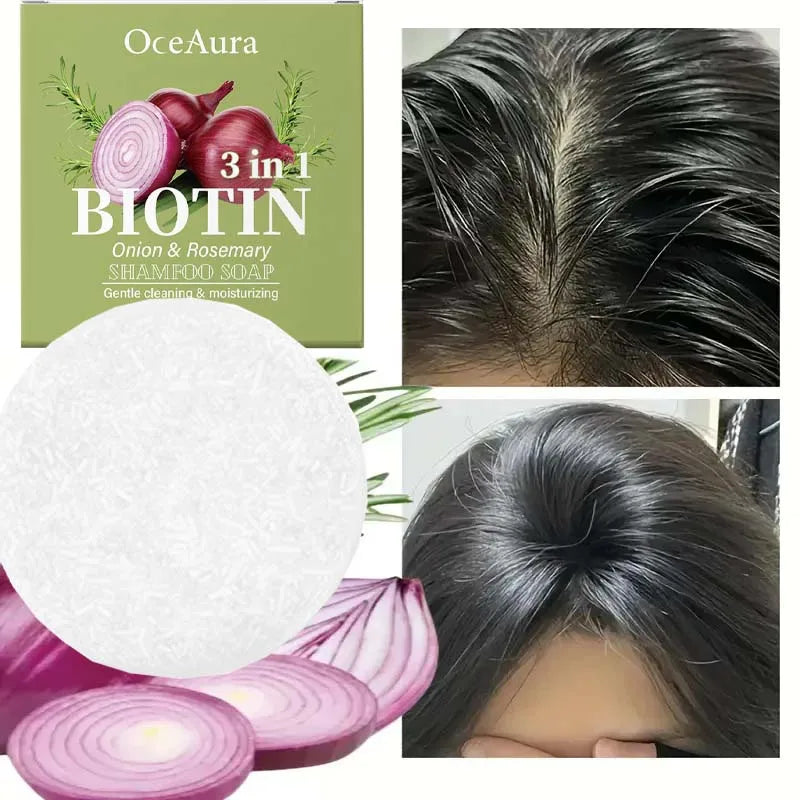 Jabón Champú de Cebolla y Biotina - 60g, Adecuado para Todo Tipo de Cabello, Hidratante y Suavizante, Rico en Extracto de Alecrim