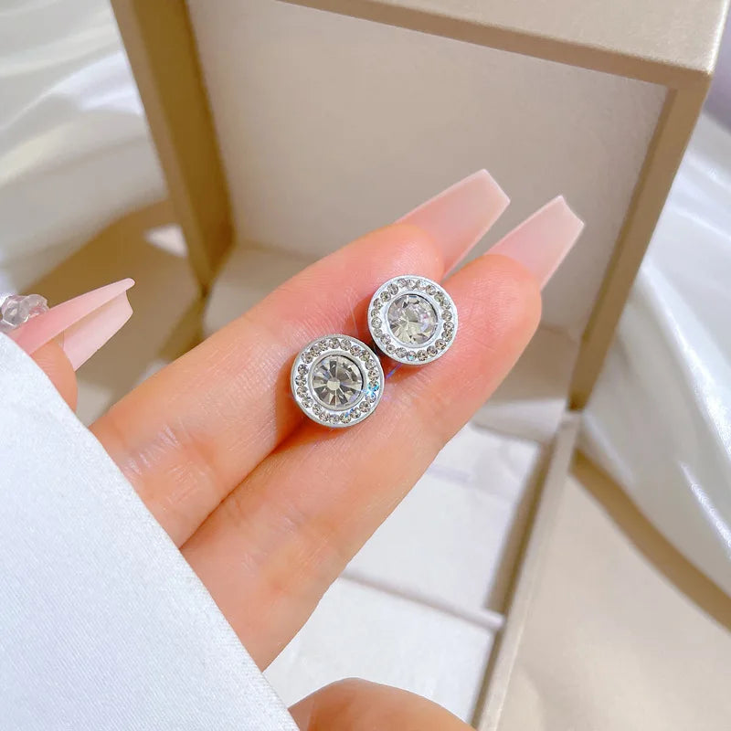 Pendientes redondos de circonita brillante de lujo de acero inoxidable para mujeres y hombres, pendientes geniales brillantes a la moda, accesorios de joyería, regalos