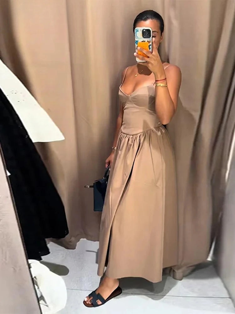 Vestido Largo Sexy con Tirantes, Cuello en V y Espalda Descubierta