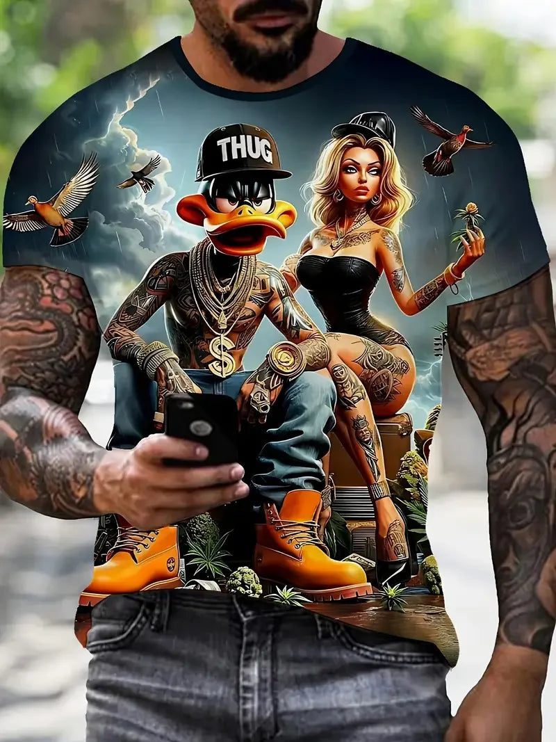 Camiseta Divertida Hombre Estampado Pato | Dibujos Animados Manga Corta Secado Rápido