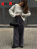 Pantalón Pierna Ancha Lana Terciopelo | Grueso Beige/Gris | Cintura Alta Vintage | Invierno | Ticotrendy
