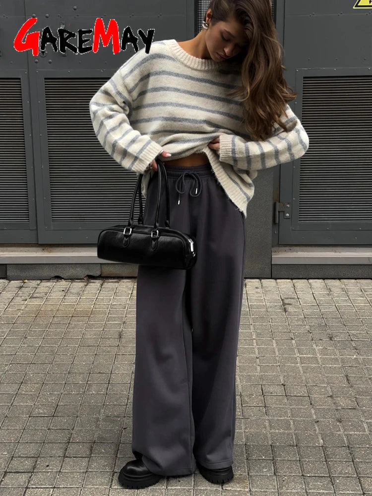 Pantalón Pierna Ancha Lana Terciopelo | Grueso Beige/Gris | Cintura Alta Vintage | Invierno | Ticotrendy