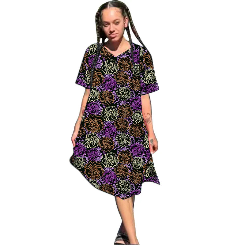 Vestido Africano Ankara de Manga Corta y Cuello en V