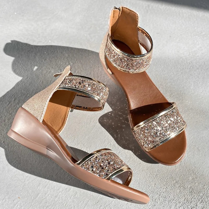 Sandalias de Tacón de Cuña con Brillo Suela Suave Antideslizantes