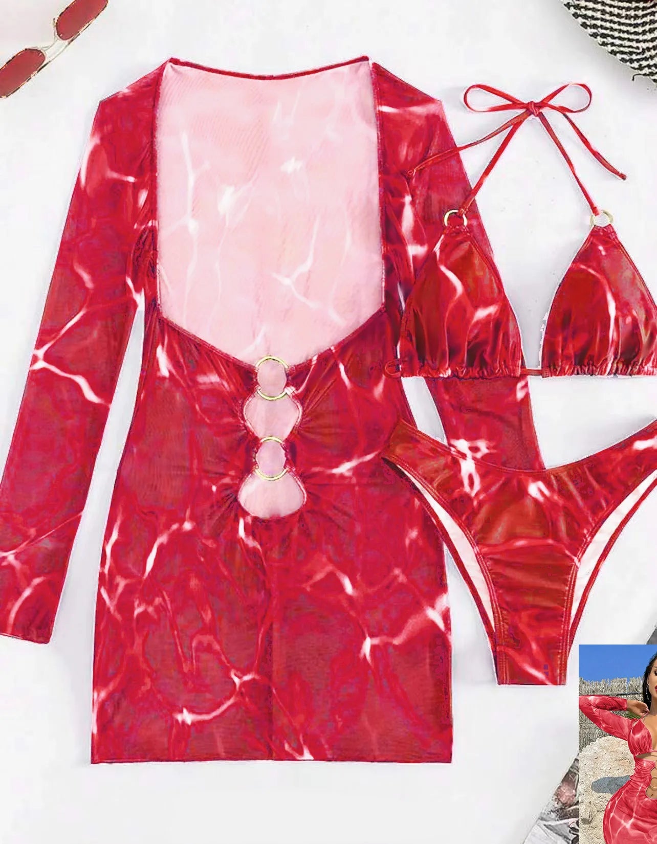 Conjunto de Tres Piezas - Bikini y Cover Up para la Arena