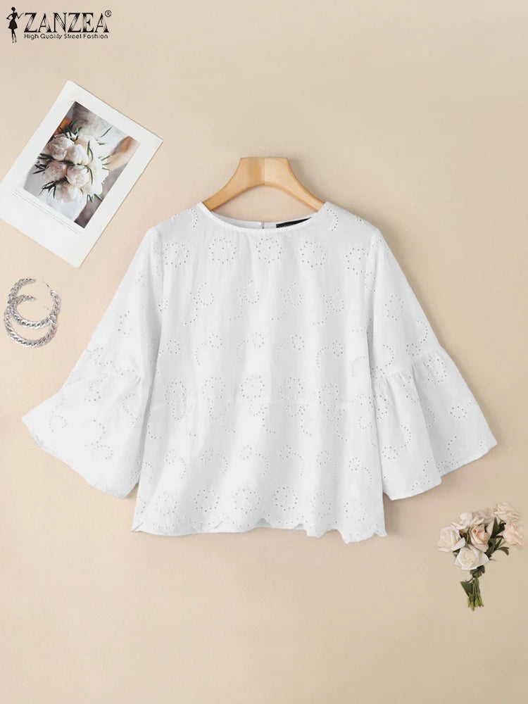 Elegante Blusa de Verano Bohemio Manga Tres Cuartos con Huecos