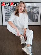 Conjunto 2 Piezas Algodón Oversize | Top y Pantalón Casual | Gris/Blanco | Verano 2025 | Ticotrendy