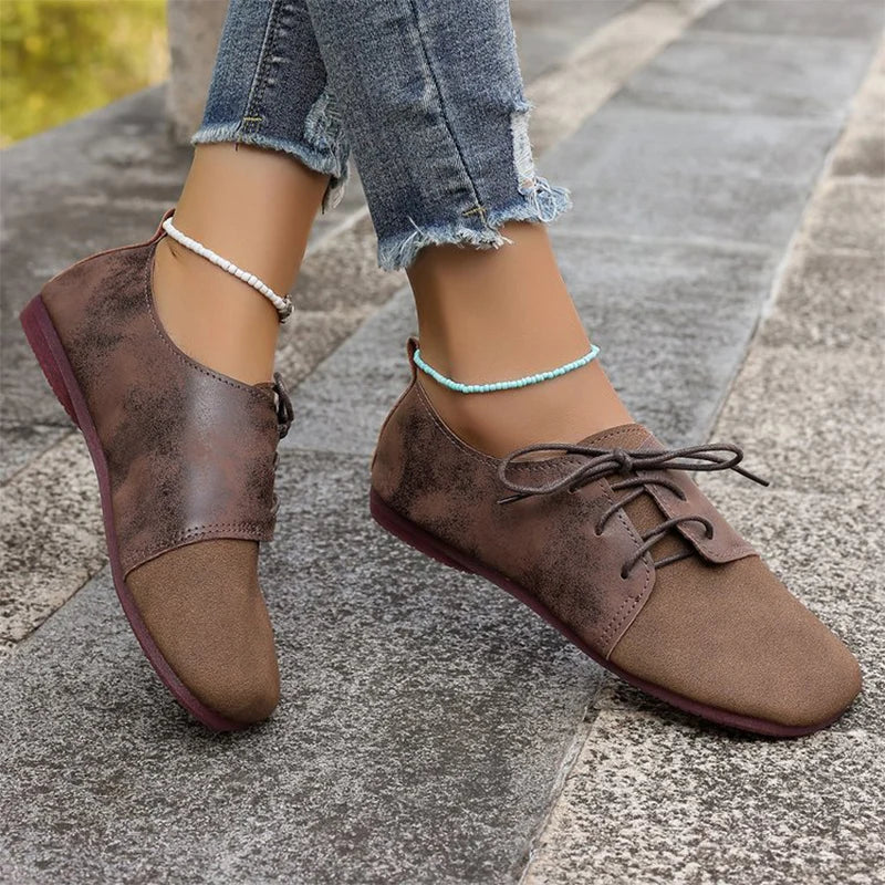 Zapatos Planos Marrones con Cordones | Gamuza Sintética | Punta Redonda | Talla Grande