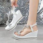 Sandalias de cuña de mariposa con cristales a la moda, Sandalias de verano con plataforma gruesa y banda elástica para mujer, Sandalias de tacón alto con perlas 43