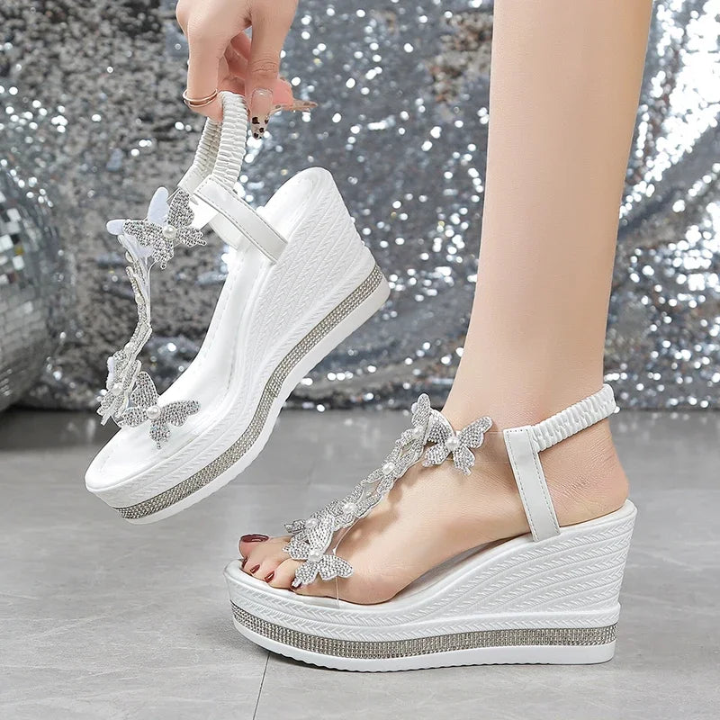 Sandalias de cuña de mariposa con cristales a la moda, Sandalias de verano con plataforma gruesa y banda elástica para mujer, Sandalias de tacón alto con perlas 43