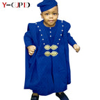 Traje africano Bazin Riche para niño, conjuntos de 4 piezas, camiseta, pantalón, batas y gorro, ropa de exterior Agbada, Y234017