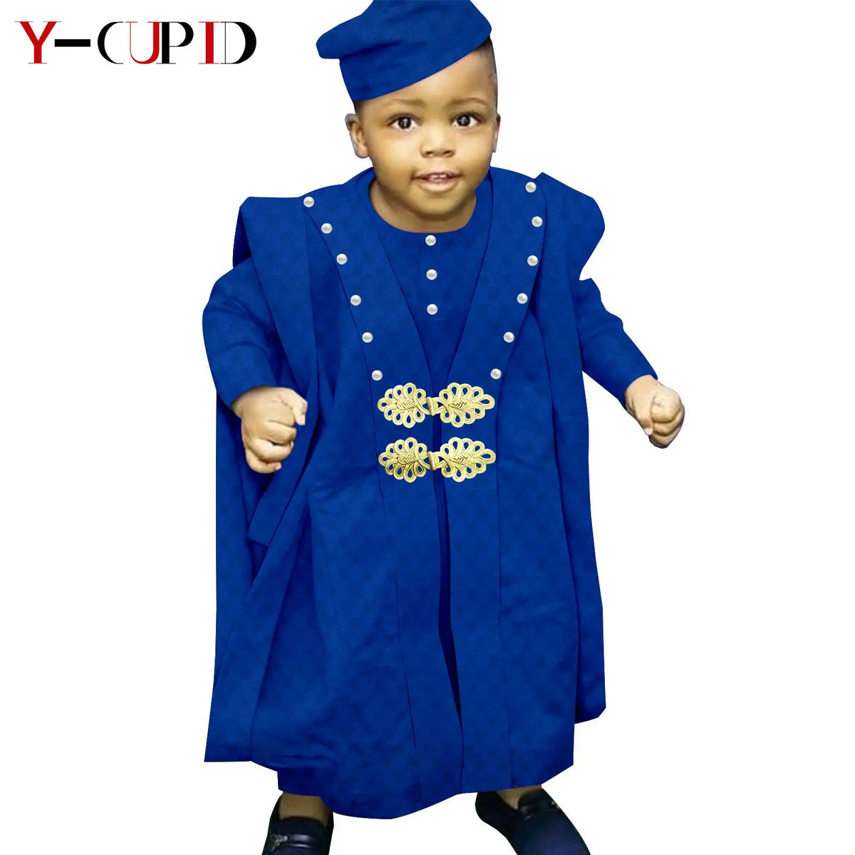 Traje africano Bazin Riche para niño, conjuntos de 4 piezas, camiseta, pantalón, batas y gorro, ropa de exterior Agbada, Y234017