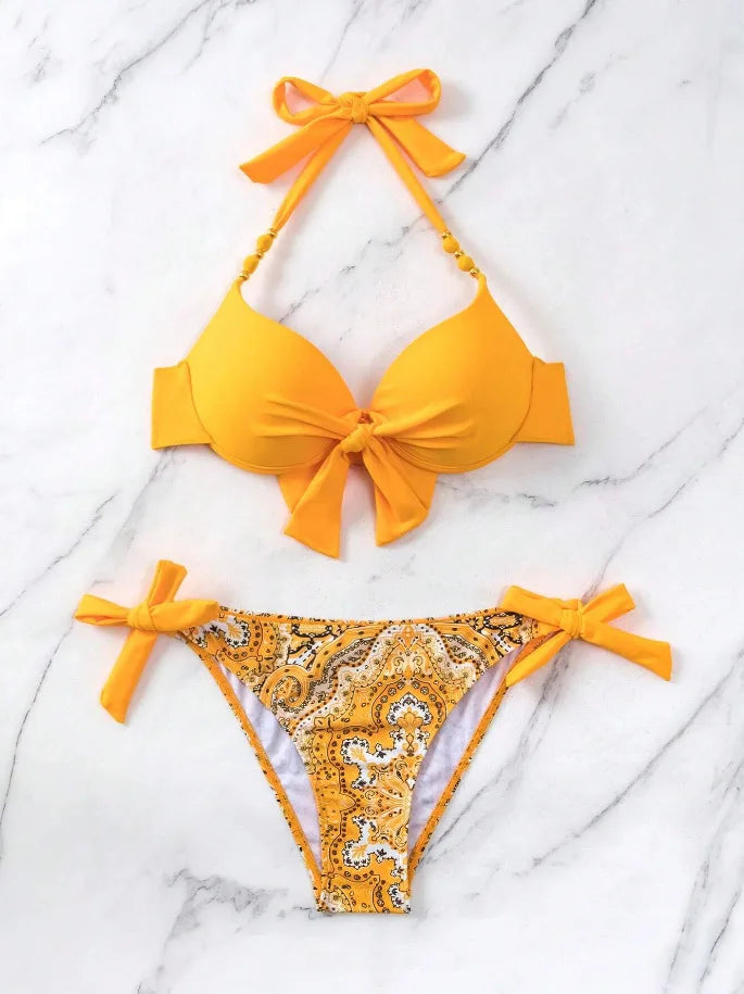 Bikini de Neón con Lazo Lateral y Estampado de Cachemira Push Up