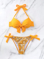 Bikini de Neón con Lazo Lateral y Estampado de Cachemira Push Up