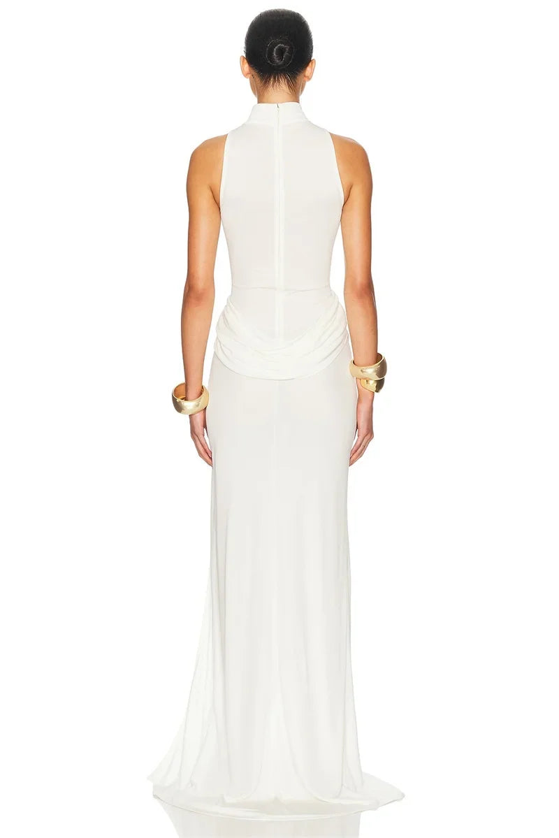 Vestido Largo Plisado sin Mangas | Cuello Alto Elegante