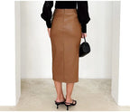 Falda Midi De Cuero Sintético Con Abertura Y Pliegues Sexy