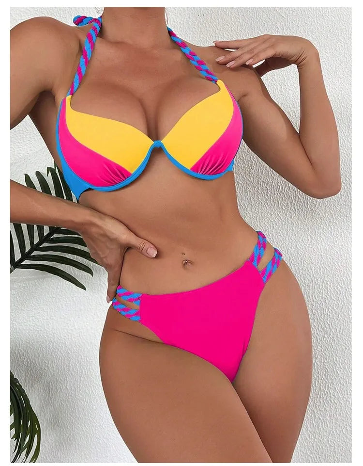 Bikini Push Up Colorblock con Estilo Halter para Playa