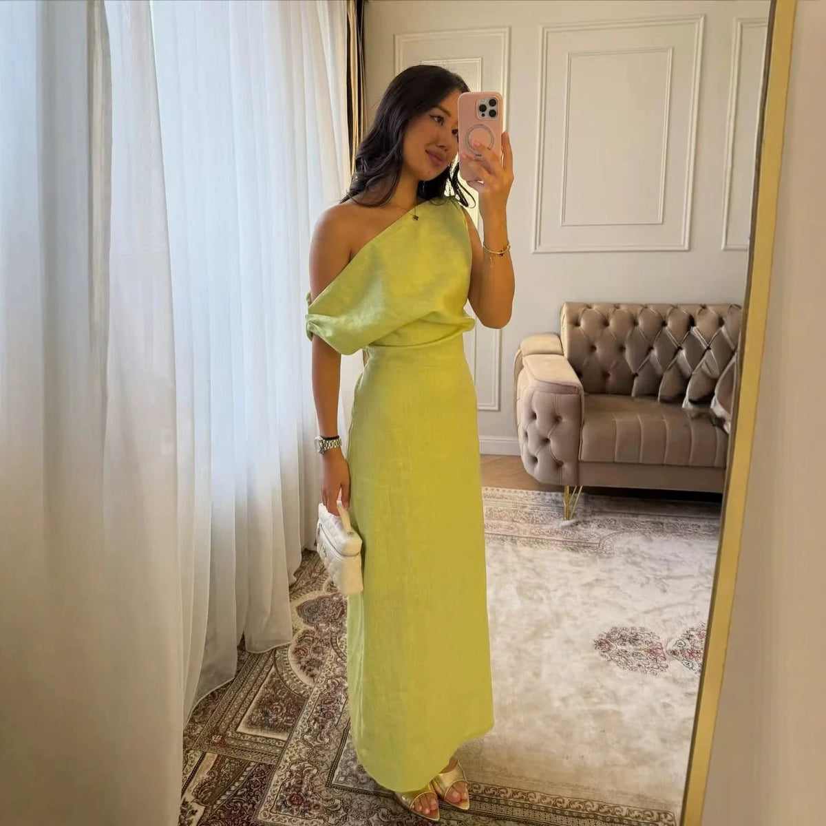 Vestido de Lino y Algodón Un Hombro para Fiesta