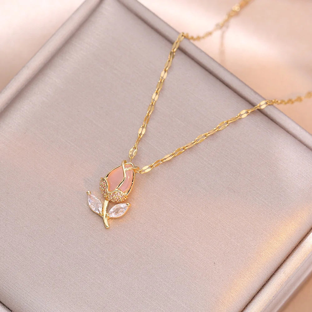 Collares con colgante de tulipán rosa romántico para mujeres y niñas, accesorios de joyería clásicos de acero inoxidable, regalos para amantes