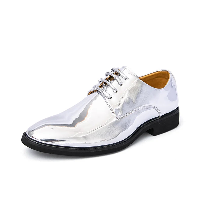 Zapatos Hombre Charol Plateados Lujo Boda Fiesta Punta Puntiaguda | Talla Grande