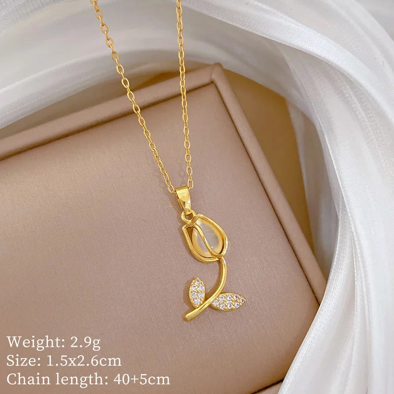 Collar Vintage Mujer ∣ Piedra Lunar Tulipán ∣ Acero Inoxidable Elegante