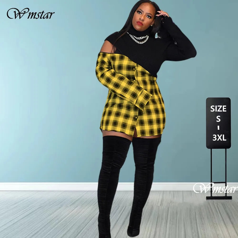 Vestidos de S-3XL de talla grande para mujer, minivestidos de cumpleaños a cuadros de retazos, trajes de Club, ropa de primavera, venta al por mayor, envío directo, 2022