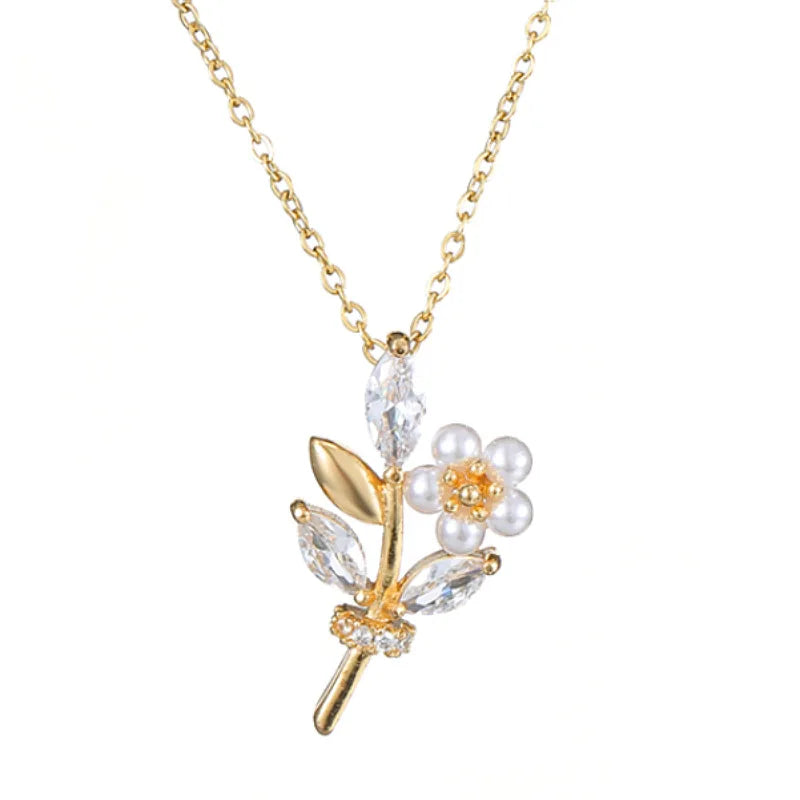 Collar Perla Circón ∣ Flor Dorado Femenino ∣ Acero Inoxidable Clásico
