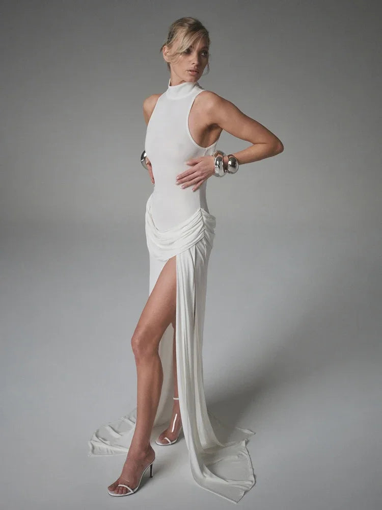 Vestido Largo Plisado sin Mangas | Cuello Alto Elegante