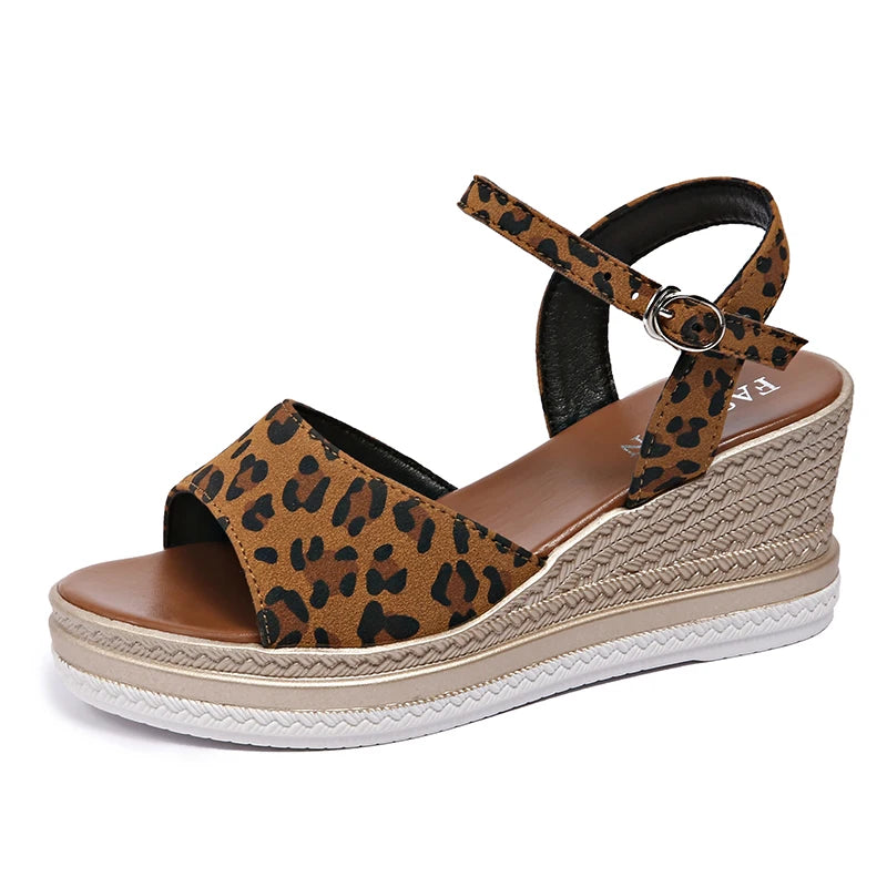 Sandalias de Cuña con Plataforma Estampado Leopardo para Mujer